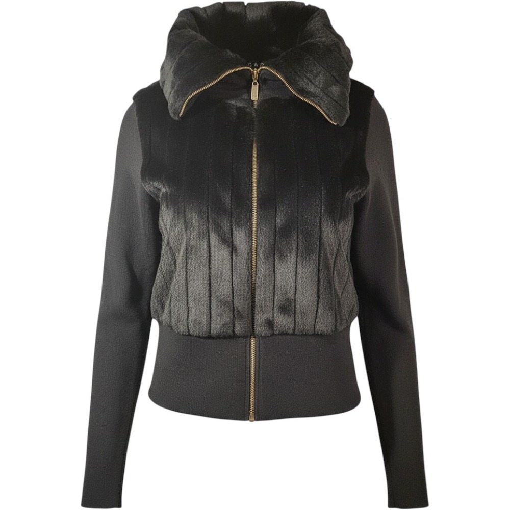Dolce Cabo Black Rabbit Fur Knit Full Zip Jacket Funnel Neck Womens Large 3021